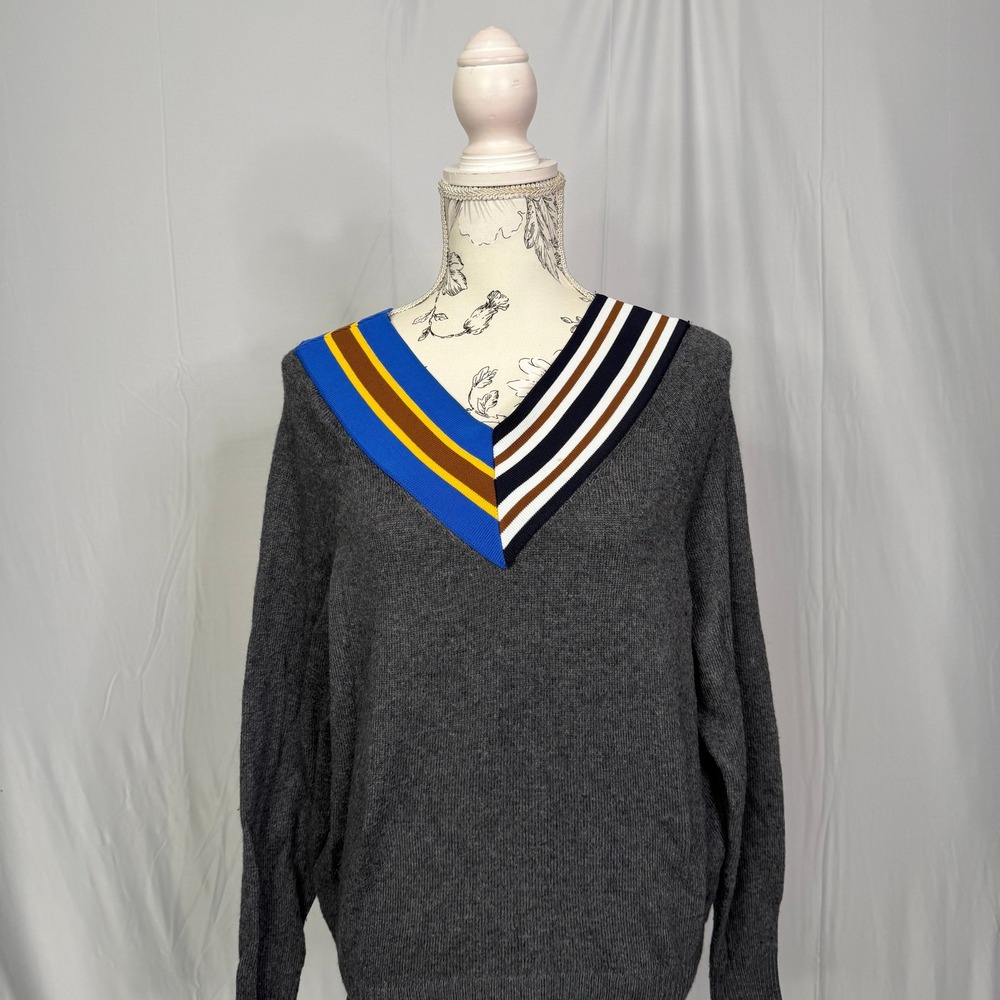 Sandro Nepeta Grey V-Neck Striped Asymmetrical Collar Sweater D313M Size 1 - Picture 9 of 10